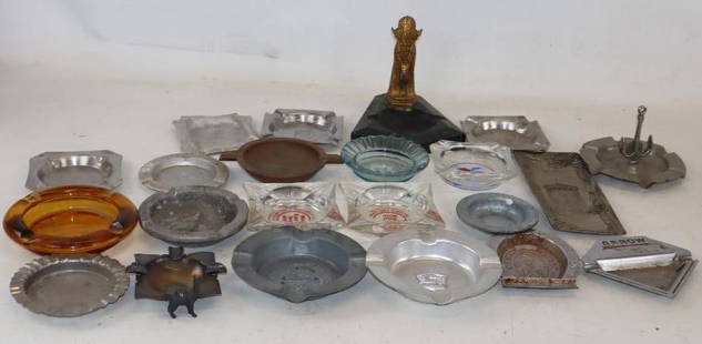 Group of 23 Glass, Aluminum, Metal, and Marble Advertising Ash Trays: Largest is 6" x 6.5" x 6"