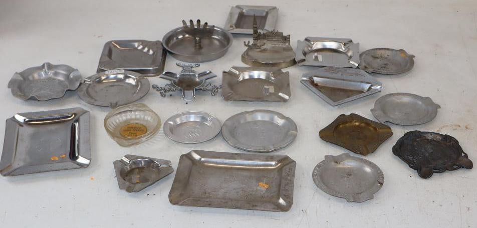 Group of 21 Metal, Glass, and Aluminum Advertising Ash Trays: Largest is 6.5" x 5"