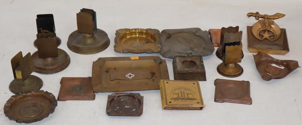 Group of 18 Brass, and Copper Advertising Ash Trays, Paperweights, and Match Book Holders (1 of 4)