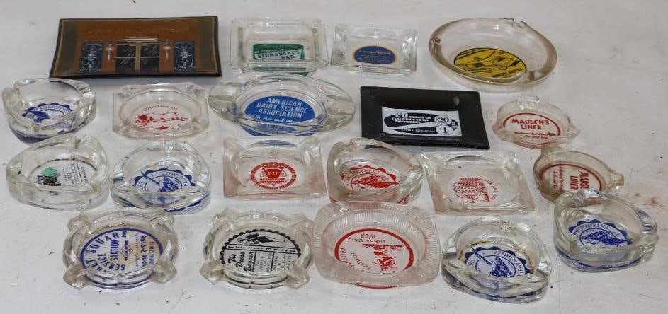 Group of 20 Glass Advertising Ash Trays: Largest is 6.75" x 5"