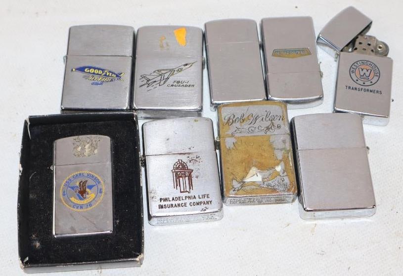 Group of 9 Zippo Advertising Lighters: Largest is 2.25" x 1.5" x 0.5"