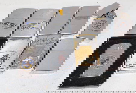 Group of 9 Zippo Advertising Lighters: Largest is 2.25" x 1.5" x 0.5"