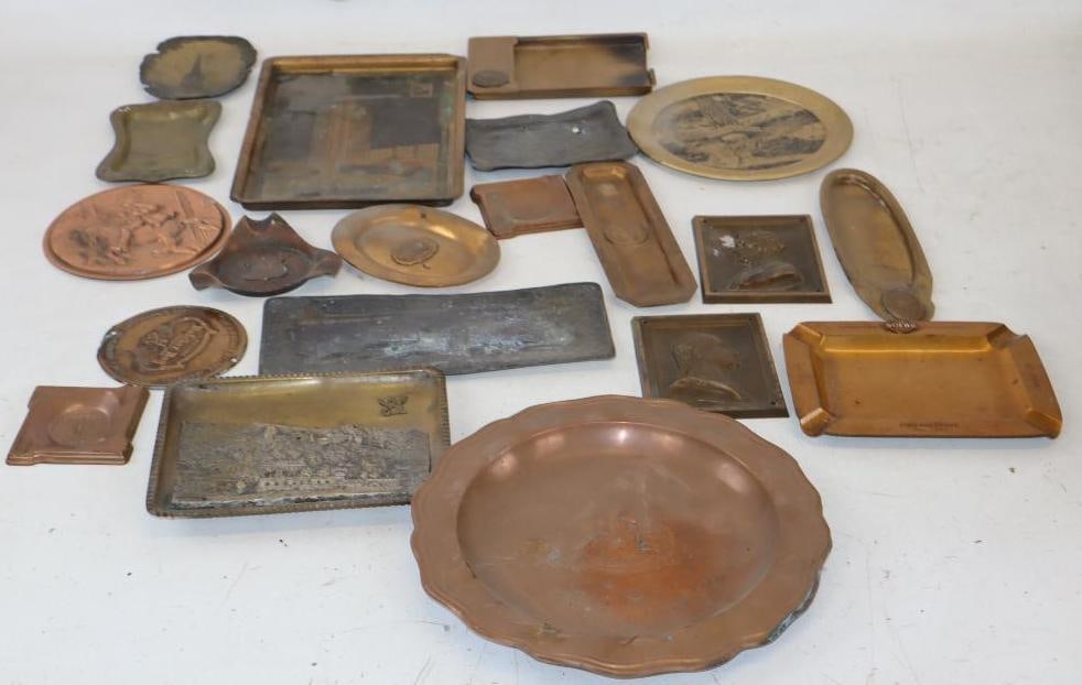 Group of 18 Copper, and Brass Advertising Trays, and Plaques: Largest is 10" x 7" x 0.75"