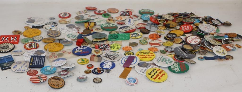 Group of 182 Advertising Pinback Badges: Largest is 3.5"