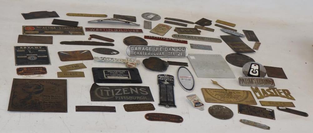 Group of 53 Different Brass & Metal Nametag Emblems & Serial Data Plates (1 of 10)