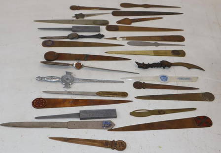Group of 24 Brass, Copper, Metal and Plastic Advertising Letter Openers: Largest is 9" x 1.25"