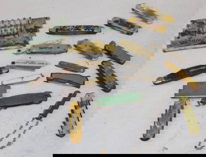 Group of 19 Advertising Pocket Knives & Sharpener: Largest is 3.5" x 1" x .25"