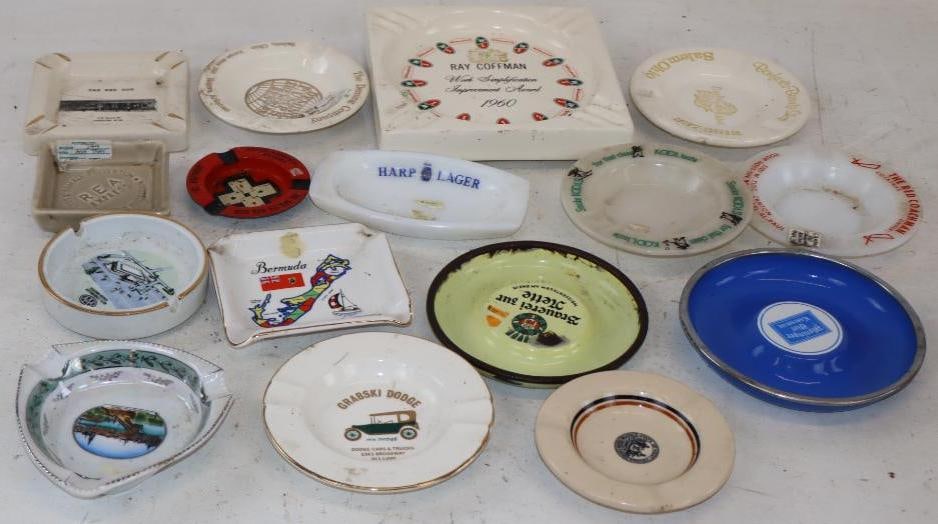 Group of 16 Ceramic, Glass, Tin, & Porcelain Advertising Ashtrays (1 of 6)