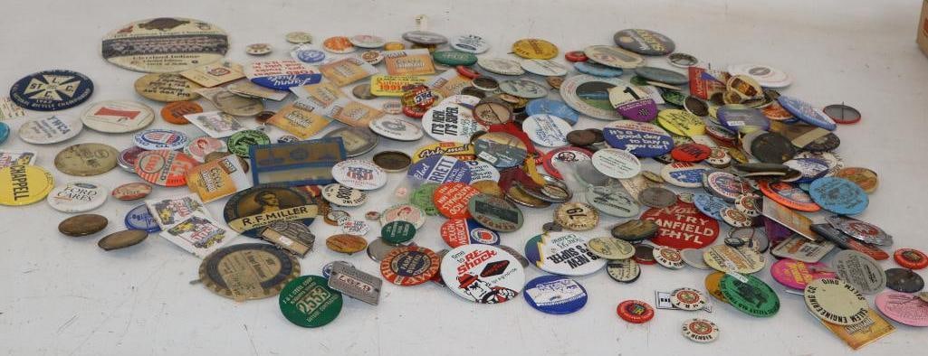 Group of 274 Advertising Pinback Badges: Largest is 4" x 4"