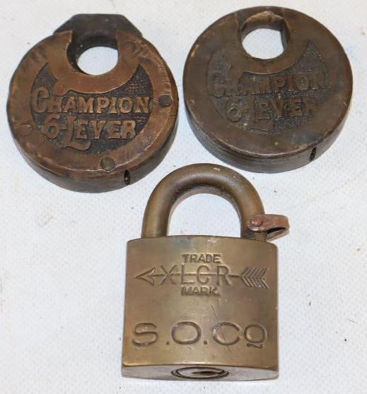 Group of 3 Brass Champion & XLCR Advertising Locks: Largest is 2" x 3" all are missing keys