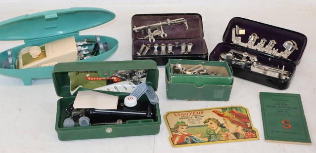 Group of 7 Singer, White & Vanity Fair Sewing Machine Related Parts & Needles: Largest is 11" x 5" x 3"
