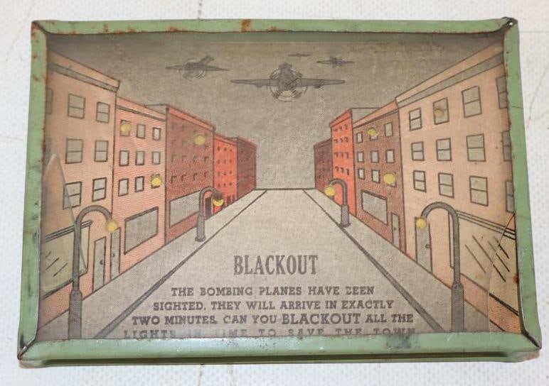 1940s Tin Litho Handheld Blackout Game: 5" x 3.5" x.5" Glass is chipped & missing game balls