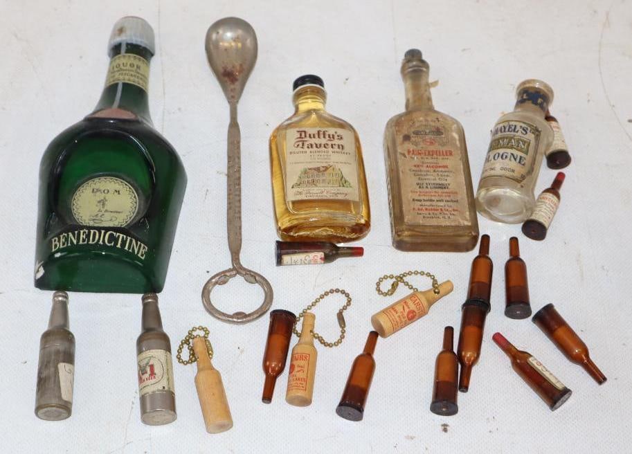 Group of 22 Advertising Liquor Bottles & Mixing Spoon & Ashtray: Largest is 7" x 3" x 1.5"