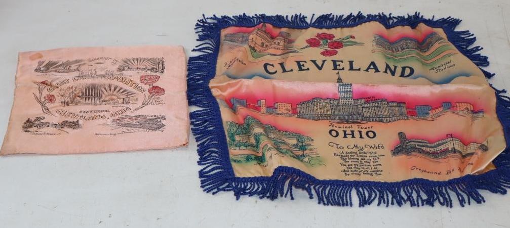 Group of 2 Great Lakes Exposition & Cleveland Souvenir Handkerchiefs: Largest is 18" x 20"