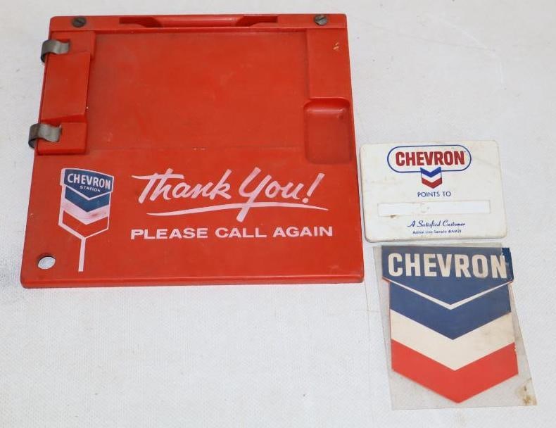 Group of 3 Chevron Gasoline Credit Card Tray, Clip, & Sewing Needle Kit: Largest is 7" x 7" x 1"