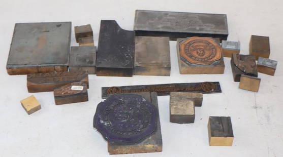 Group of 20 Advertising Brass & Wood Stamps: Largest is 4.75" x 4" x 1"
