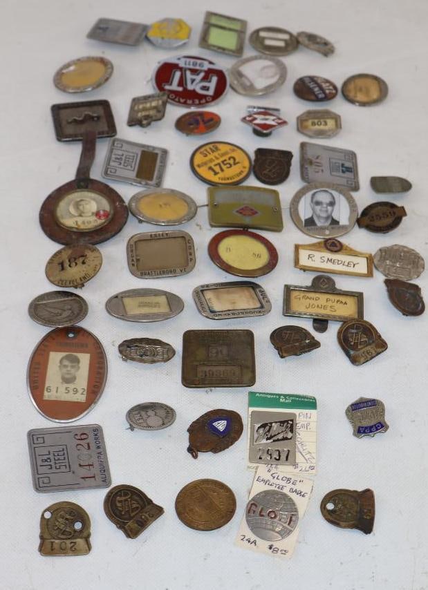 Group of 50 Different Employee Pinback & Hat Badges: Largest is 2.5" x 2"