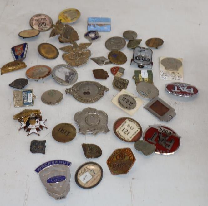 Group of 43 Different Employee Pinback & Hat Badges: Largest is 2.5" x 2"