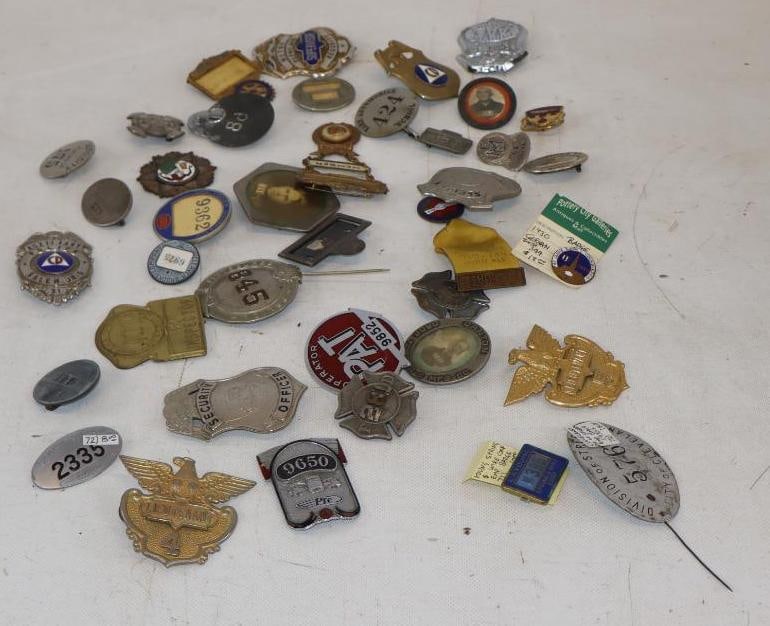 Group of 39 Different Employee Pinback & Hat Badges: Largest is 2.5" x 2.5"