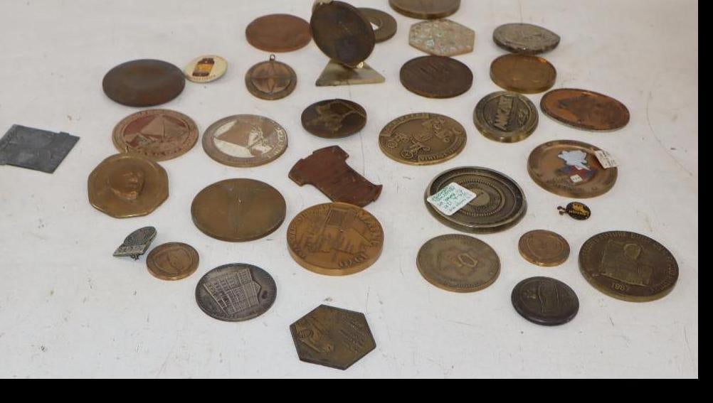 Group of 33 Brass, Copper, & Metal Advertising Paperweights & Pinback badge (1 of 5)