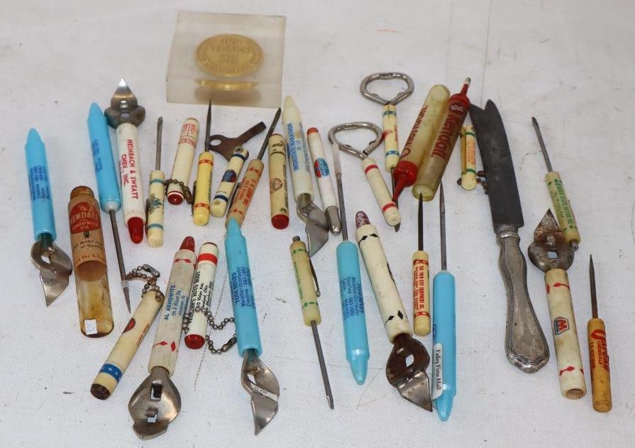 Group of 31 Gas Station Advertising Bottle Openers, Screwdrivers, Keychains, Paperweight, & Oilers: Largest is 9.5" x 1" x .5"