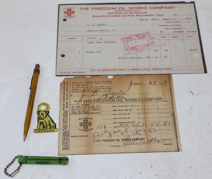 Group of 4 Freedom Oil Company 1920's Receipts, Keychain, Pencil, & Oil Change Reminder: Largest is 8.5" x 5.5"