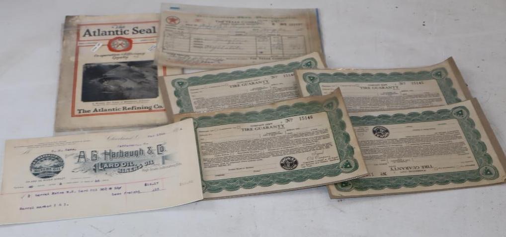 Group of 7 Texaco, Signal, Miners Oil 1920's Receipts Tire Guarantee & newsletters: 9" x 6"