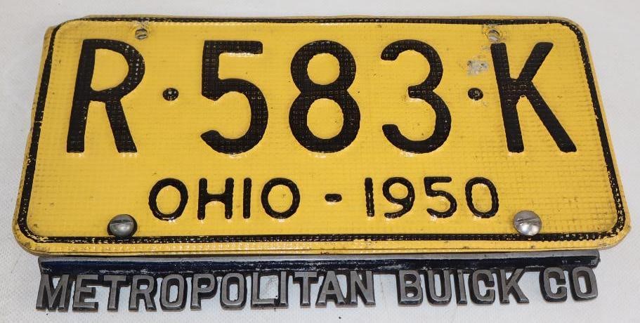 Pair of 1950 Ohio Waffle License Plates with Metropolitan Buick Co License Plate Topper Extension (1 of 2)