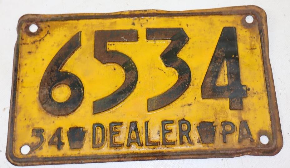 1934 4 Digit PA Dealer License Plate: 9.75" x 5.75"