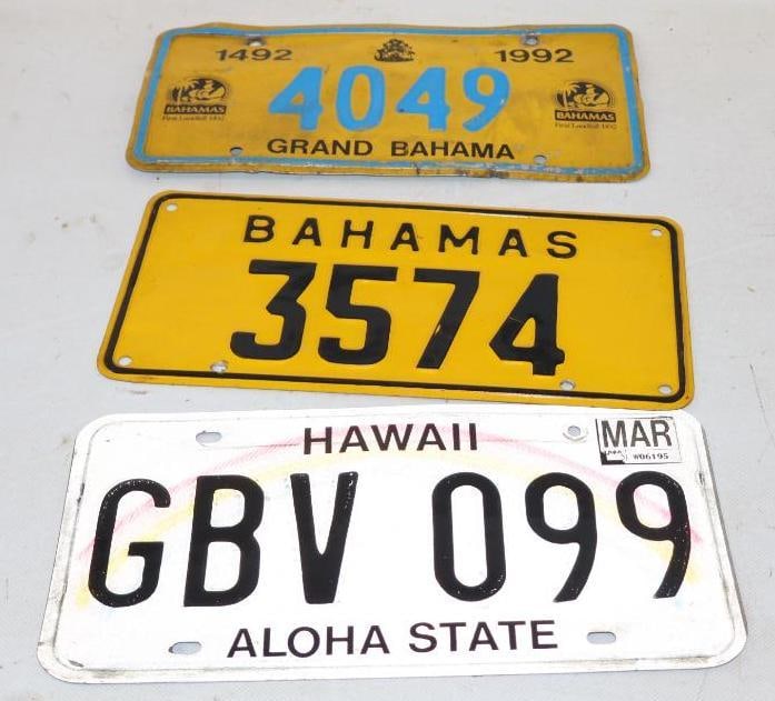 Group of 3 Bahamas and Hawaii License Plates: 12" x 6" each