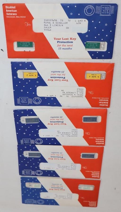 Group of 5 1970's Ohio License Plate Keychain Tags in Original Envelope: 7.5" x 3.75"