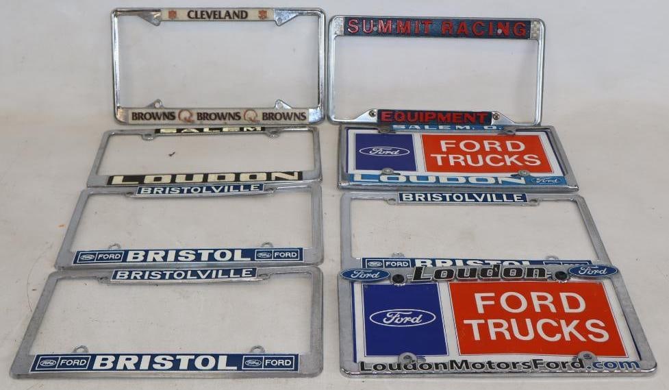 Group of 8 Ford and Cleveland Browns Advertising License Plate Frames: largest 12" x 6.5"