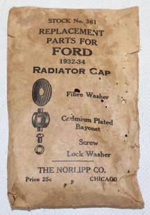 1932-1934 Ford Radiator Cap Replacement Parts in Original Packaging: 4.5" x 2.75" x 1"