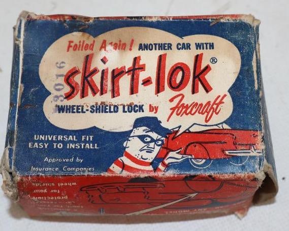 1950's Skirt-Lok Wheel-Shield Lock in Original Box: 4"x 2.5" x 2"