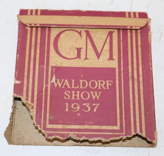 Brass GM Ashtray in Original Box from 1937 Waldorf Show: 4" x 4" x .5"