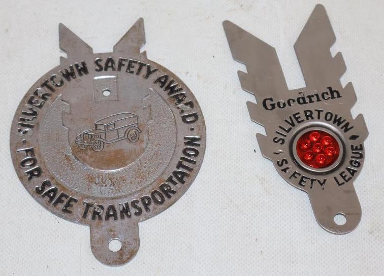 Group of 2 Goodrich Silvertown Safety League License Plate Toppers with Reflector and Old Car (1 of 2)