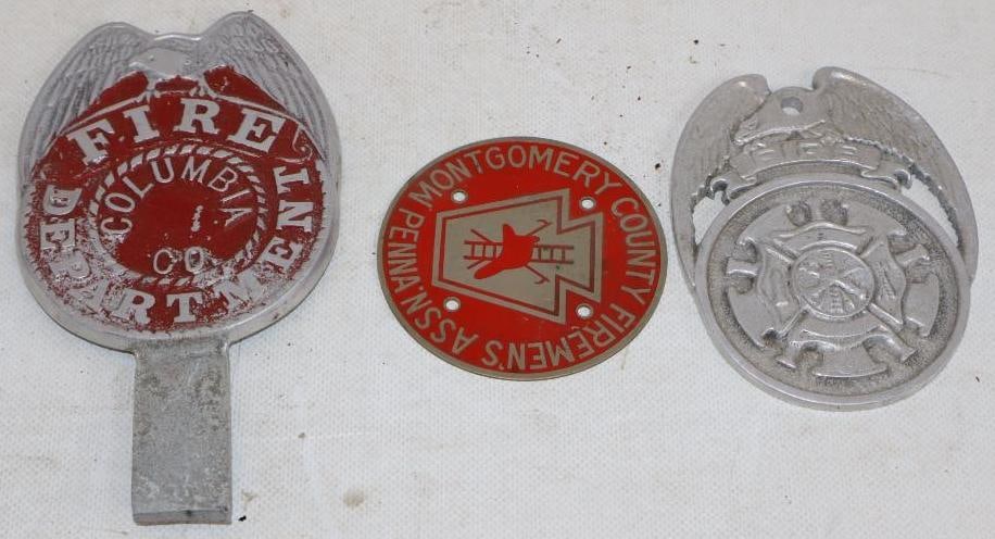 Group of 3 Fire Dept Radiator Badges and License Plate Topper: largest 6.75" x 3.5"