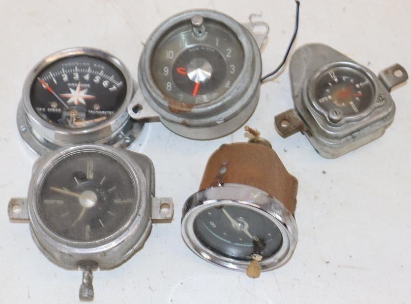 Group of 5 Automobile Dash Clocks and Marine Tachometer: largest 3.5" x 3.5" x 3"