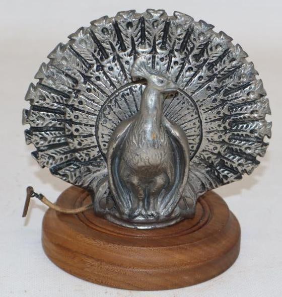 1930's Peacock Illuminated Accessory Radiator Mascot Hood Ornament Mounted on Wood Base (1 of 2)
