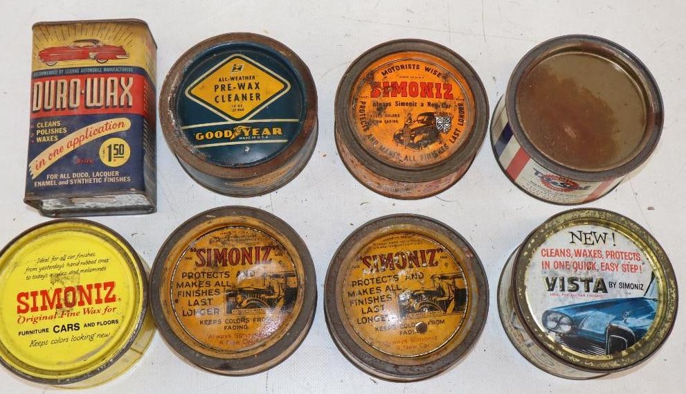 Group of 8 Automobile Wax and Gasket Seal Advertising Tins: largest 4" x 4" x 2"