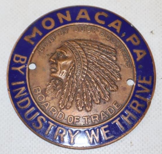 Monacatootha Monacara Board of Trade Cloisonne Indian Chief Radiator Badge: 3" x 3"