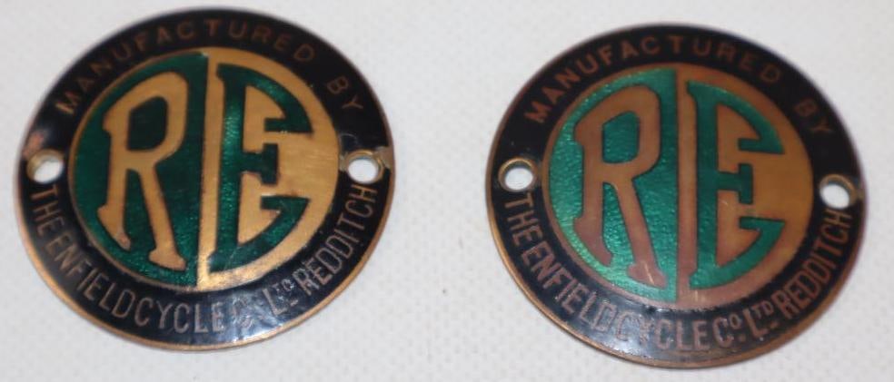 Group of 2 1940's The Royal Enfield Cycle Cloisonne Motorcycle Emblems: 2" x 2" each