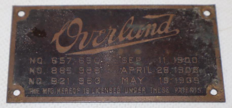 Brass Overland Motor Car Co Data Tag (1 of 2)