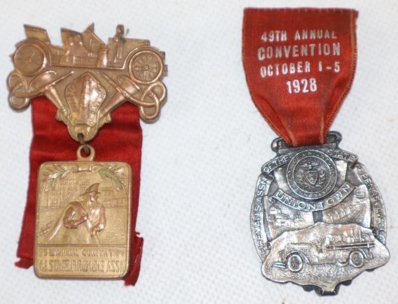 Group of 2 1920's Fireman's Association Meeting Pin Back Badges with Early Firetruck Graphics (1 of 4)