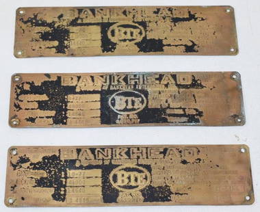 Group of 3 Bankhead Brass Transportation Equipment Serial Data Tags: 9.5" x 2.5" each
