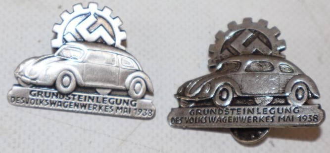 Group of 2 German WWII Volkswagen Commemorative Pin Back Badges: 1.5" x 1.25" each