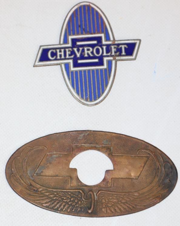 Group of 2 1920's Chevrolet Cloisonne Emblem and Backplate: largest 4.5" x 2.25"