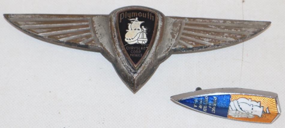 Group of 2 1930's Plymouth Cloisonne Emblems: largest 8" x 2.5"
