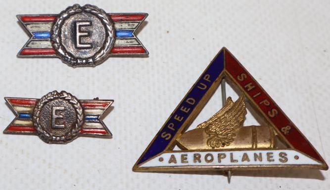 Group of 3 Speed Up Ships and Aeroplanes and Army Navy Pin Back Badges: largest 1.5" x 1.25"