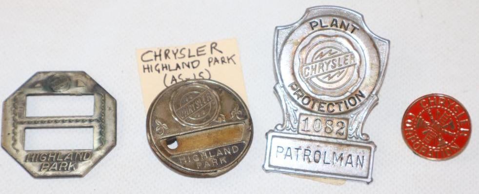 Group of 4 Chrysler Employee Pins and Hat Badge: largest 2.5" x 1.75"